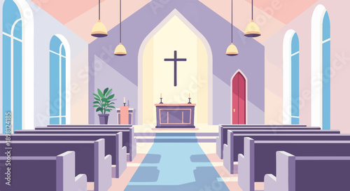 Serene church interior with pews, altar, and a cross, bathed in soft light