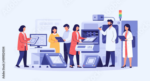 Scientists collaborate around complex machinery in a laboratory setting