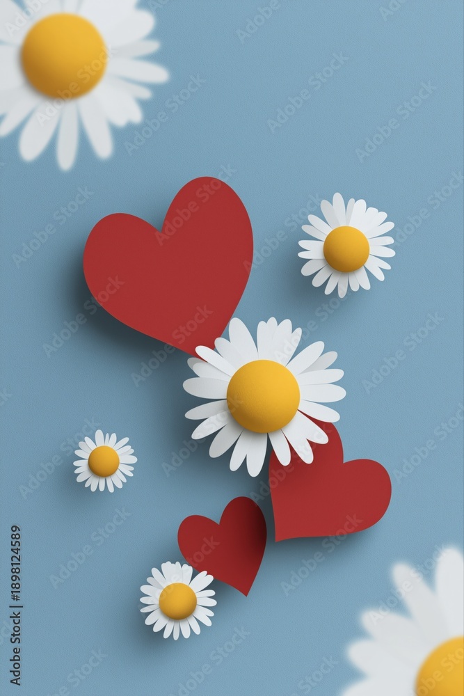 Obraz premium Red hearts and white daisies on blue background: romantic floral arrangement