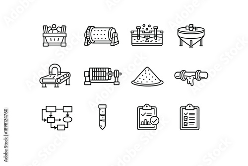 Mineral Processing. Line outline icon set of Mineral Processing: ore crusher, grinding mill,