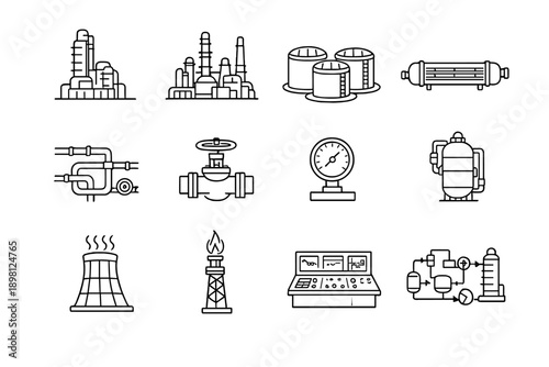 Refineries and Petrochemicals. Line outline icon set of Refineries and Petrochemicals: