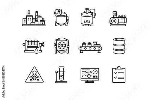 Chemical Plant Icons. Chemical Processing Plants. Line outline icon set of Chemical Processing Plants: