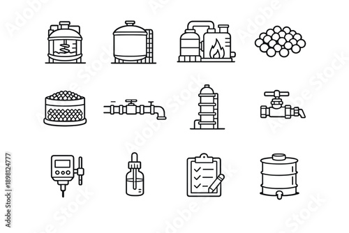 Petrochemical Production. Line outline icon set of Petrochemical Production: chemical