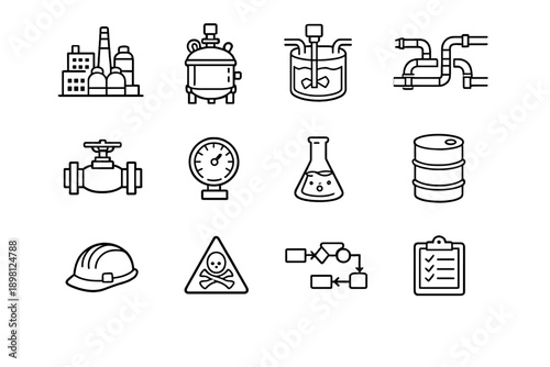 Chemical Manufacturing. Line outline icon set of Chemical Manufacturing: chemical plant