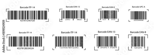 Barcode set of EAN-13, UPC, ITF symbols for store price tags. Realistic barcode icon. Scanner-ready designs with serial numbers, perfect for supermarket product labels and discount stickers.