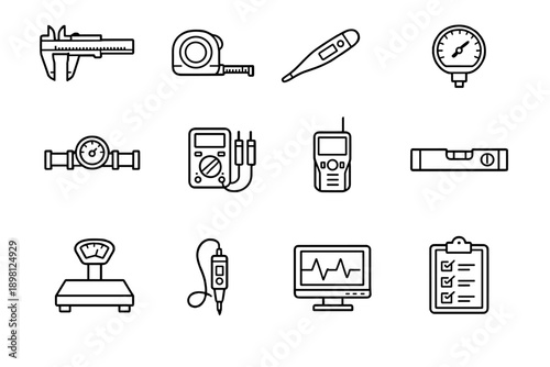 Measurement Instruments. Line outline icon set of Measurement Instruments: vernier caliper,