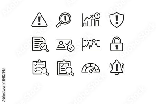 Fraud Detection Icons Grid. Fraud Detection. Line outline icon set of Fraud Detection: fraud warning symbol,