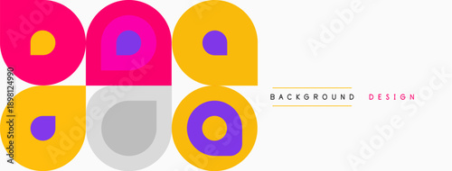 Colorful circles overlap, creating playful pattern. Minimalist design with bright hues, simple geometry. Background features text elements.