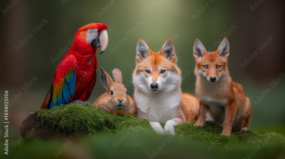 Fototapeta premium Brightly colored parrot, clever foxes, and a cuddly rabbit come together in a serene forest scene. Soft green moss underlines their bond, reflecting nature's beauty and peace