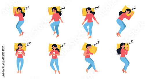 Diverse sleeping positions with woman in pajamas, showing peaceful rest and slumber, perfect for sleep health, comfort, and relaxation guides