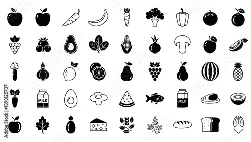 Collection of Various Food Icons and Symbols.