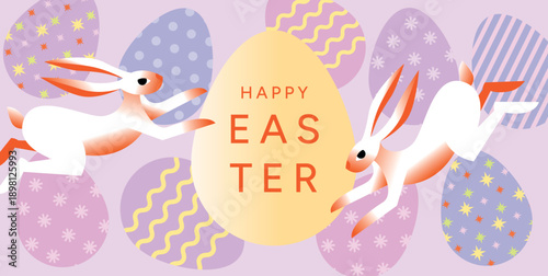 Happy Easter greeting poster with two bunny rabbits jumping among colorful decorated eggs on pastel background. Spring holiday concept. Flat vector illustration for card, poster, promo, sale and celeb