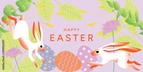 Set of Easter greeting posters with bunny, decorated eggs, spring flowers and grass. Happy Easter holiday concept. Flat vector illustration for card, poster, sale, promo and celebration