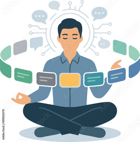 Man Meditating with Digital Information Interface Ring