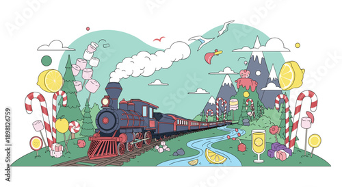 Whimsical candy train illustration for holiday magic and sweet adventures, bringing joy and delight to your creative projects with sugary treats