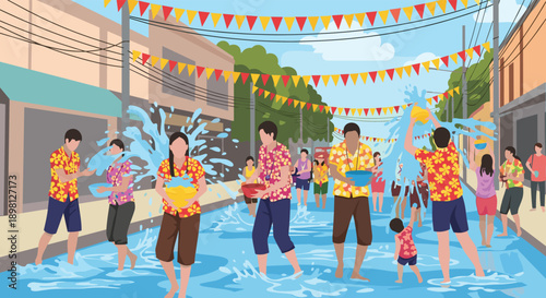 Celebrate Songkran Festival with joyful water splashing fun! Vibrant scene of Thai New Year with festive colors and joyful spirit on the streets