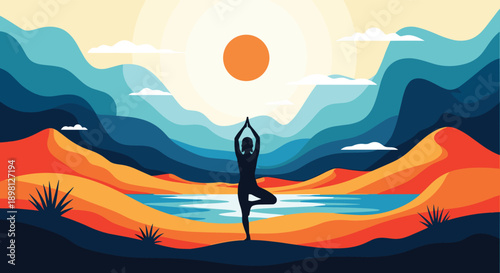 Find your inner peace with this stunning yoga pose silhouette at sunrise over a calming desert landscape, perfect for wellness and meditation projects