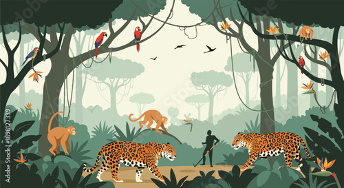 Explore the lush rainforest with jaguars, monkeys, and colorful birds in this vibrant jungle scene perfect for adventure and educational content!
