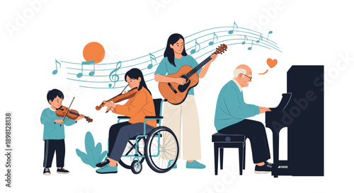 Heartwarming scene of diverse people making music together with violin, guitar, piano creating a beautiful and inclusive community through music therapy