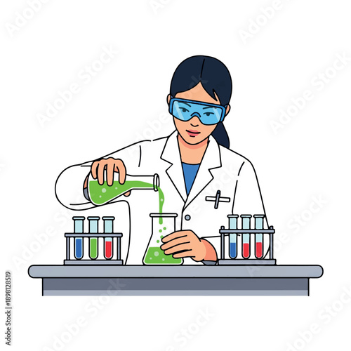 A female scientist in a lab coat and goggles carefully pours a green liquid from a beaker into another container on a laboratory counter with various test tubes.
