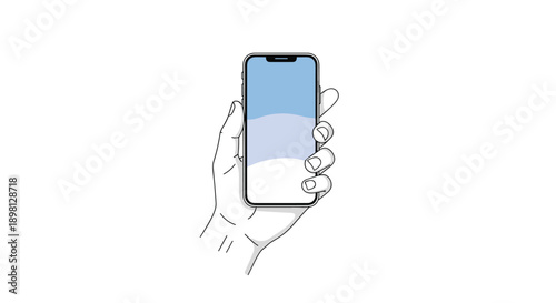 Minimalist Line Art Illustration of a Hand Holding a Smartphone with a Blue Screen Isolated on a White Background for Mobile App and UI Concepts