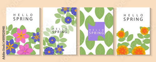 Spring nature cards, potster  banner set with cute meadow flowers Floral botanical in yellow, green, pink, purple color. for background for Mother's Day, Women's Day March 8, birthday, Easter holiday
