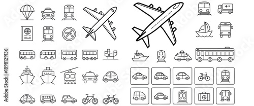 Transport & Transportation Outline Icon Set – 50 Minimal Vector Icons