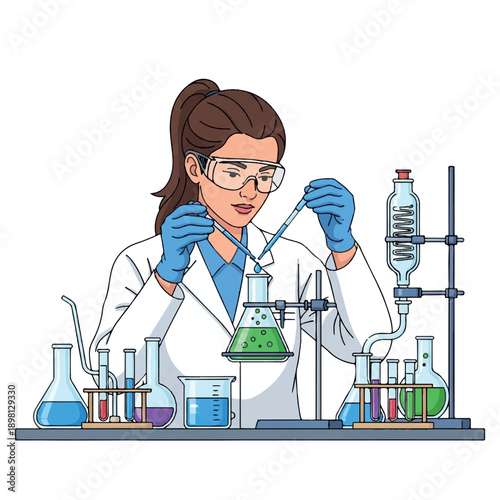 A female scientist wearing a lab coat and gloves works in a laboratorium, carefully handling a test tube and beaker with various laboratory equipment in the background, in a professional