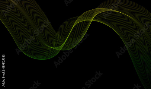 Abstract digital sound wave design featuring a vibrant flowing green and yellow luminous particle ribbon against a solid black background