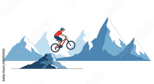Mountain Biker Jumping Over a Rock with a Distant Alpine Mountain Range Background Stylized Illustration for Outdoor Activity and Cycling Sports