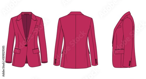 Technical illustration of a vibrant pink women s blazer in three views