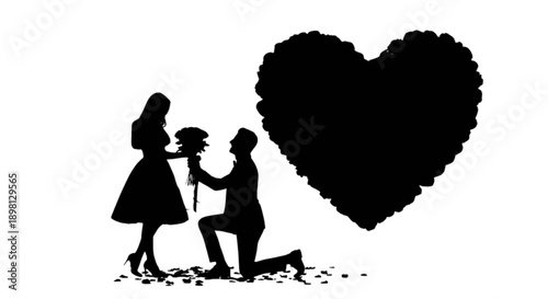 Silhouette of a man proposing to a woman with a heart in the background