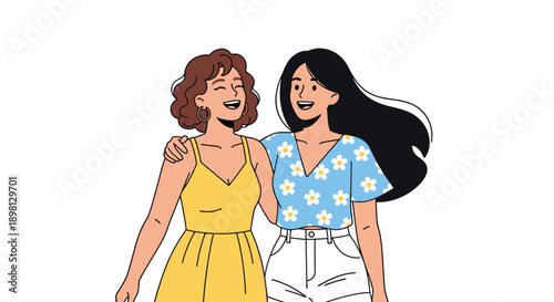 Two Stylish Women Walking Arm in Arm and Laughing Isolated on a White Background Modern Flat Illustration for Female Friendship and Fashion Concepts