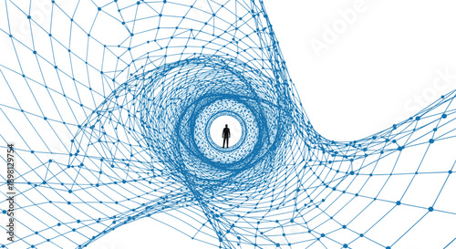 Silhouette of a Person Standing in a High Tech Blue Wireframe Digital Tunnel for Virtual Reality Technology and Data Visualization Concepts