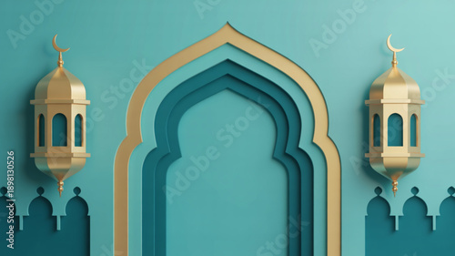Islamic archway with gold lanterns, teal and gold vector illustration for Ramadan or Eid celebration, banner or poster isolated on White Background