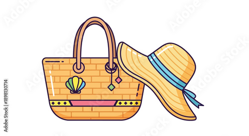 Cartoon illustration of a wicker beach bag with a straw sun hat