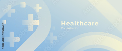 Light blue medical innovation gradient background with translucent geometric shapes and subtle medical plus symbols. Modern abstract healthcare design for biotech, digital medicine, research, clinics