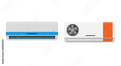Two wall mounted air conditioning units one with blue and one with orange accents