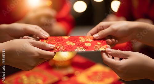 Hands exchanging red envelope symbolizing celebration and tradition