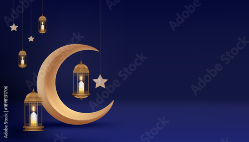 Islamic background.Ramadan lantern with candle,Gold crescent moon.Vetor 3D Decoration for Ramadan Kareem,Mawlid,iftar,isra miraj,eid al fitr,adha and muharram.Blue background with copy space for text