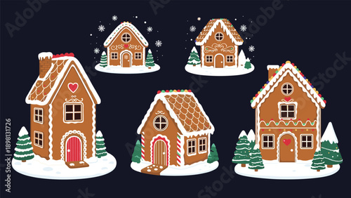 Festive collection of five detailed gingerbread houses with snow and pine trees on a dark winter night background.