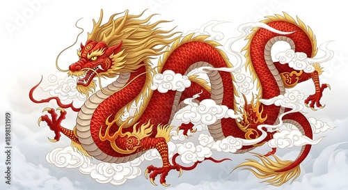 Vibrant red dragon illustration against white background for artistic designs
