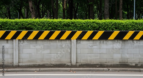 Wallpaper Mural Concrete wall with yellow and black striped barrier and green hedge above Torontodigital.ca