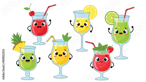 Vibrant set of cute cocktail characters with funny faces and various fruit garnishes perfect for summer party designs.