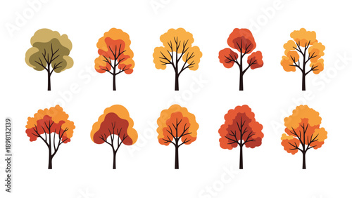 Set of ten stylized autumn trees with varying leaf shapes and warm colors from golden yellow to deep reddish orange.