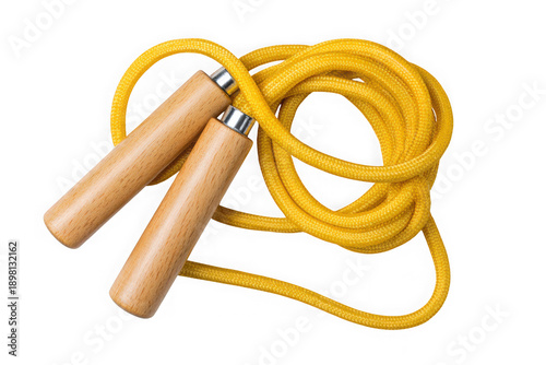 Yellow jump rope with wooden handles isolated on transparent background