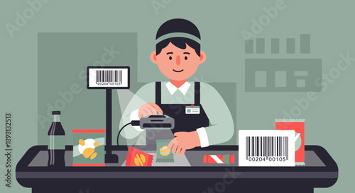 Smiling cashier scanning groceries at a supermarket checkout counter with a barcode scanner and display