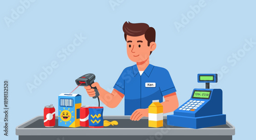 Smiling male cashier scanning groceries at a supermarket checkout lane with a scanner and register