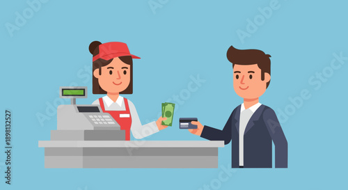 Friendly cashier handing money to customer holding a credit card at checkout counter