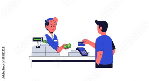 Cashier and customer engaged in a payment transaction at a store counter